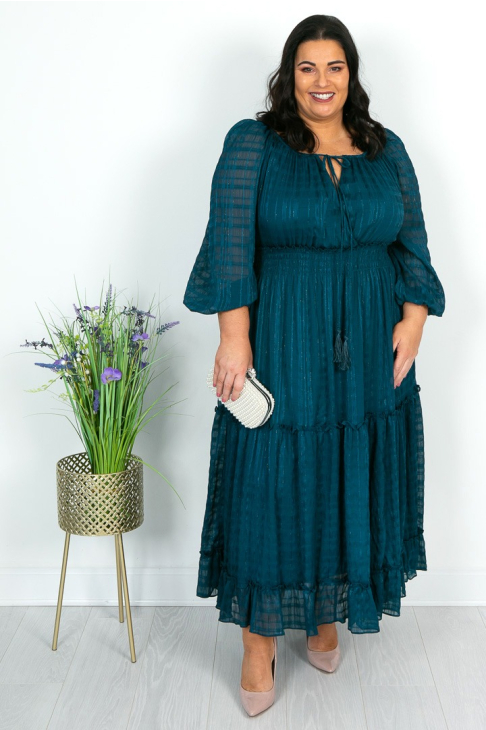 teal boho maxi dress Bertha Boho Floral Maxi Dress Long Sleeves V-Neck Tiered – Onze Montreal