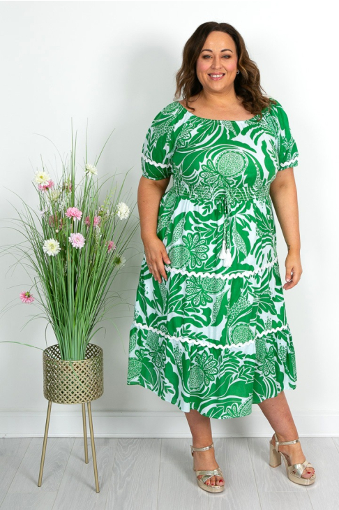 Green and White Cotton Bardot Dress