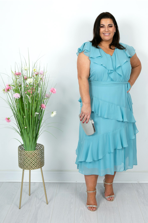 Aqua Blue V Neck Chiffon Dress