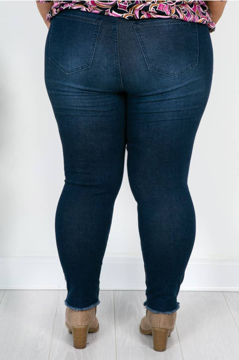 Dark Denim Distressed Raw Hem Jeans