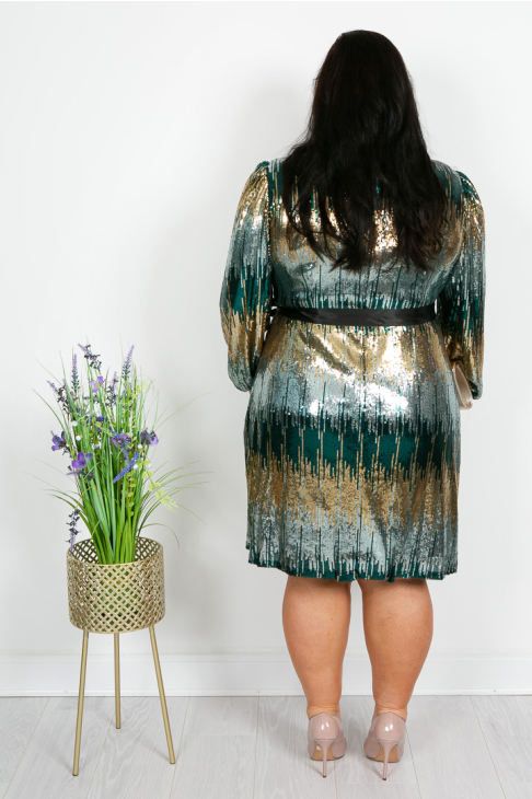 Teal and Gold Sequin Faux Wrap Dress