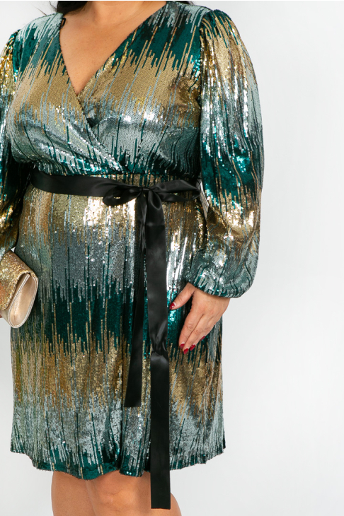 Teal and Gold Sequin Faux Wrap Dress