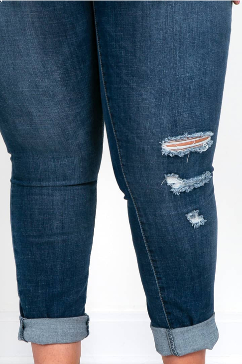 Cuff Hem Jeans with Rips in Deep Wash