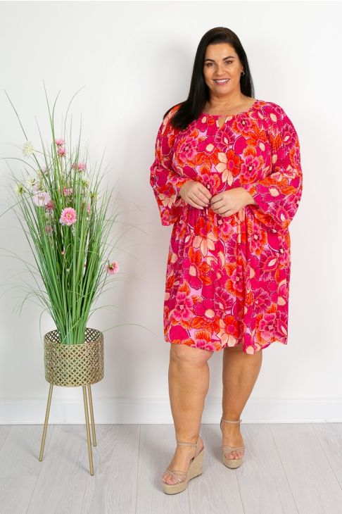 Pink and Coral Floral Pleat Dress