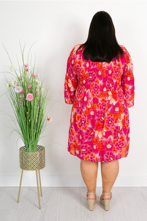 Pink and Coral Floral Pleat Dress