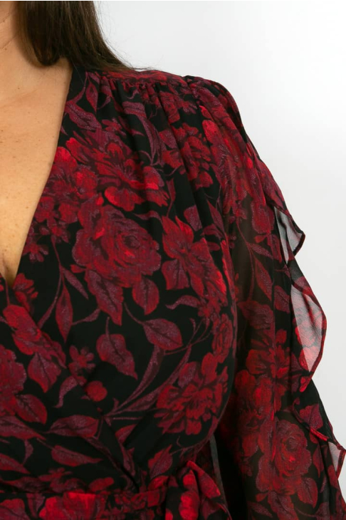 view of shoulder detail of Red and Black Ruffle Sleeve Dress