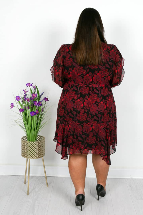 rear view of Red and Black Ruffle Sleeve Dress