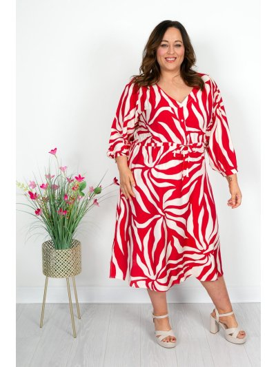 Scarlet Red & Cream Palm Print Midi Dress