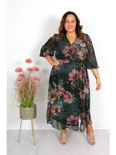 Forest Green & Soft Floral Midi Dress