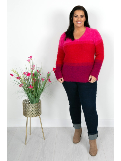 Hot Pink & Red Ombre V Neck Fluffy Knit