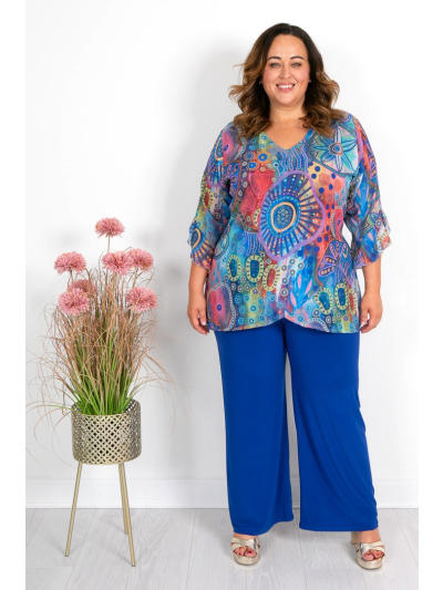 Blue & Pink Retro Print Chiffon Top