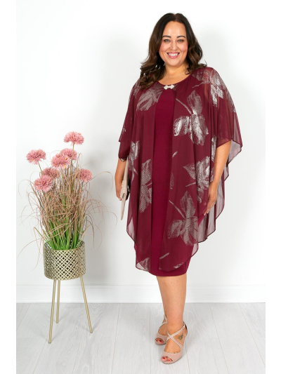Burgundy with Gold Chiffon Cape Dress