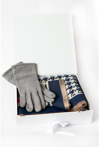 Pink Navy and Grey Houndstooth Scarf with Cashmere & Glove Gift Box