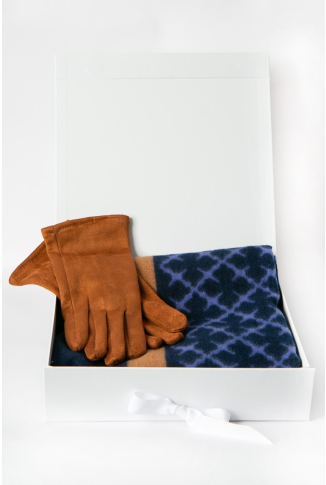 Tan & Navy Wool Mix Geometric Stripe Scarf & Glove Gift Set