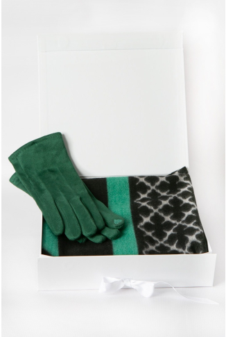 Green & Black Wool Mix Geometric Scarf & Glove Gift Box