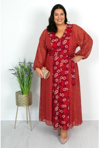 Red and Cream Mix Print Dress with Lurex Detail - Online Exclusive