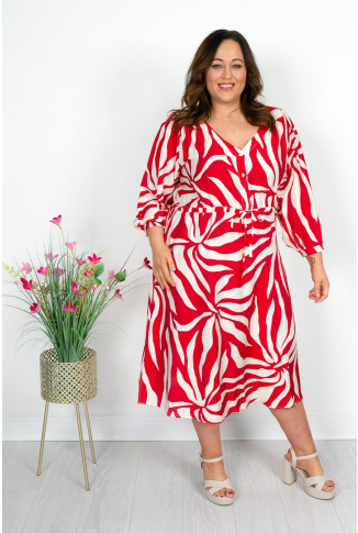 Scarlet Red & Cream Palm Print Midi Dress