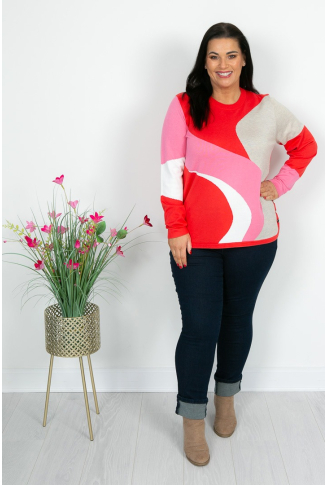 Abstract Button Detail Knit in Red & Pink