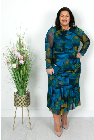 Turquoise Ruched Mesh Dress-Online Exclusive