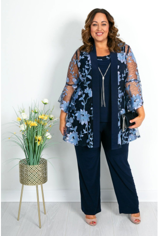 Embroidered & Sequin Trouser Suit in Navy & periwinkle