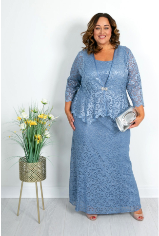 Powder Blue Lace Gown & Jacket with Diamante Clasp