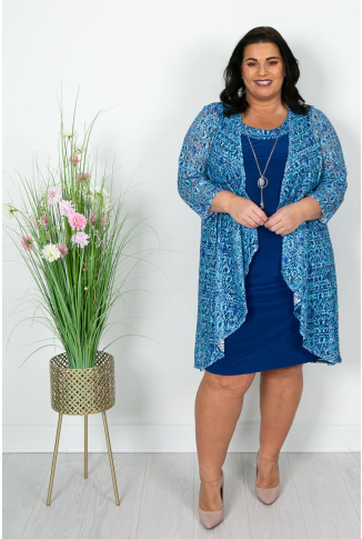Blue and Turquoise Printed Lace Jacket and Dress - Online Exclusive
