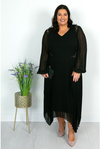 Black Lace Insert Pleat Dress