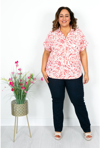 Coral & White Linen Blend Shirt