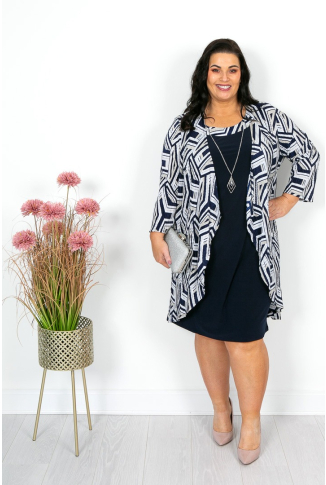 Navy Abstract Plisse Dress & Jacket