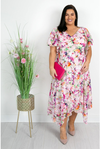 Ivory Floral Asymmetric Cowl Dress - Online Exclusive