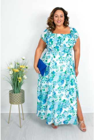 Blue & White Floral Bardot Dress