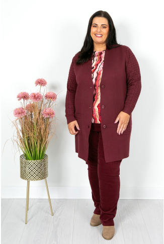 Burgundy Knit Coatigan with Cable Sleeve Detail