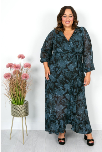 Blue & Charcoal Floral Maxi Dress
