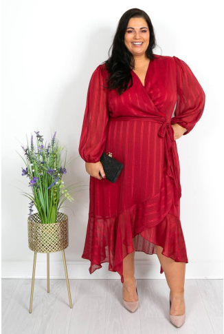 Red Self Stripe Faux Wrap Dress-Online Exclusive