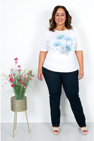 Blue Poppy Print Cotton T-Shirt