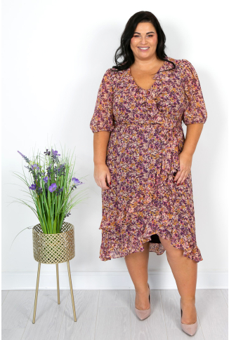 Purple Ditsy Print Faux Wrap Dress-Online Exclusive