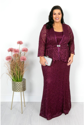 Wine Lace Dress & Jacket with Diamante Clasp