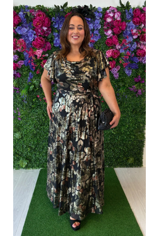 Cowl Neck Maxi Dress in Black & Bronze Foil Print 