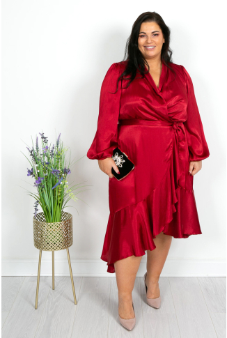 Red Satin Faux Wrap Dress-Online Exclusive