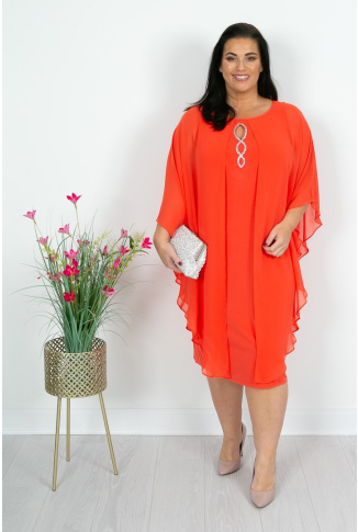 Coral Orange Chiffon Cape Dress