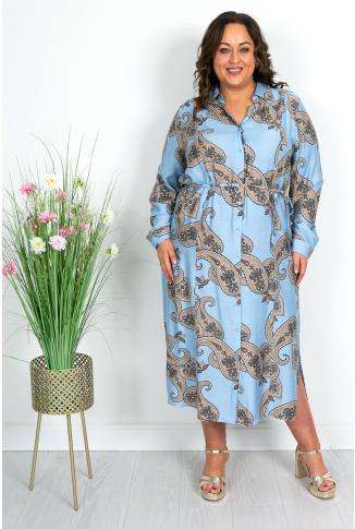 Blue Denim and Taupe Print Dress