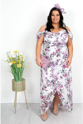 Lilac and White Dress with Diamante Straps and Off Shoulder Detail - Online Exclusive