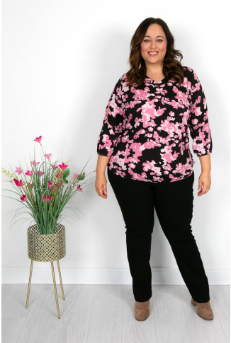 Pink and Black Floral V-Neck Top