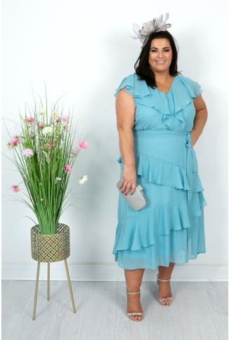 Aqua Blue V Neck Chiffon Dress ONLINE EXCLUSIVE