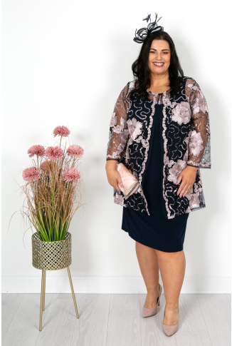 Navy & Blush Ribbon Detail Dress & Jacket