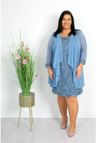 Soft Blue Embroidered Dress & Mesh Jacket