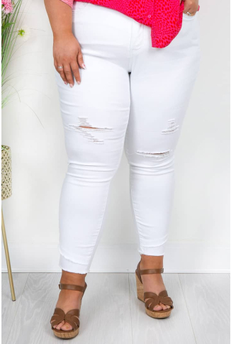 White Distressed Raw Hem Jeans