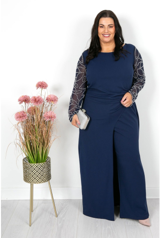 Navy Beaded Sleeve Jumpsuit