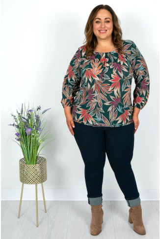 Forest Green Terracotta & Fuchsia Elasticated Hem Top