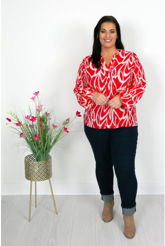 Coral Red Ikat Print Shirt Top